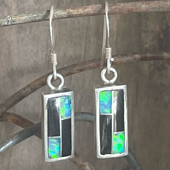 Dainty Dangle Earrings Fire Opal Onyx Sterling Silver Handmade - Picture 2 of 13